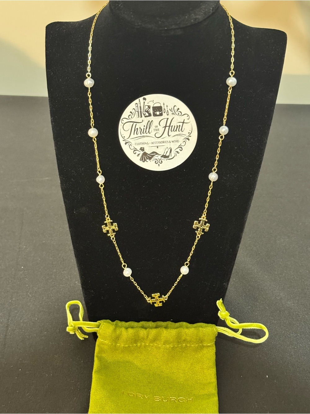 Tory Burch Gold Chain Necklace with White Pearls 20”